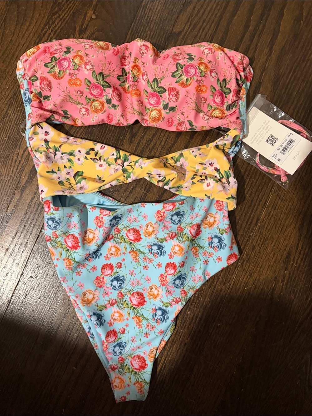 Reversible Floral Bandeau Bikini Set - Pink, Yellow, Blue